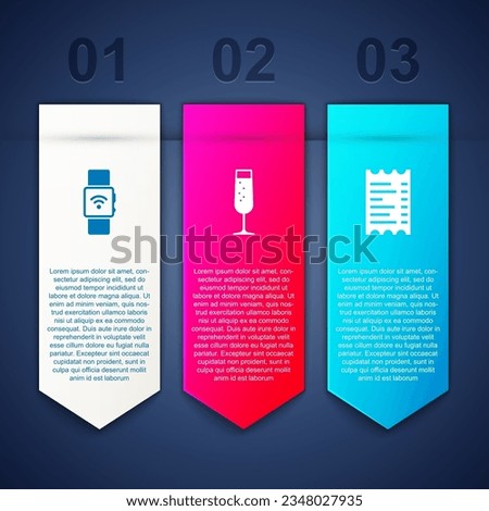 Set Smartwatch with wireless, Glass of champagne and Paper or financial check. Business infographic template. Vector