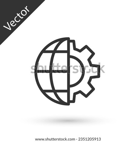 Grey line Globe of the Earth and gear or cog icon isolated on white background. Setting parameters. Global Options.  Vector Illustration