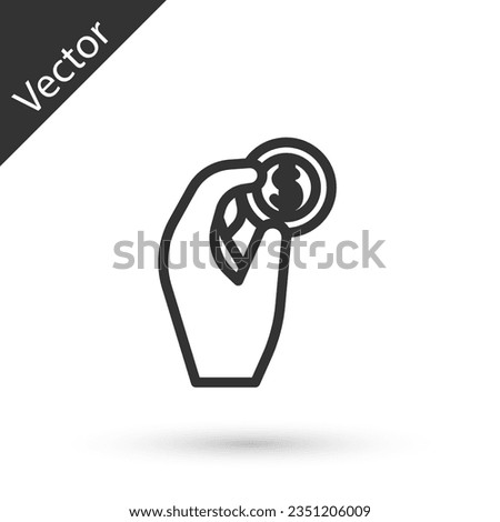 Grey line Hand holding coin money icon isolated on white background. Dollar or USD symbol. Cash Banking currency sign.  Vector Illustration