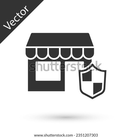 Grey Shopping building with shield icon isolated on white background. Insurance concept. Security, safety, protection, protect concept.  Vector