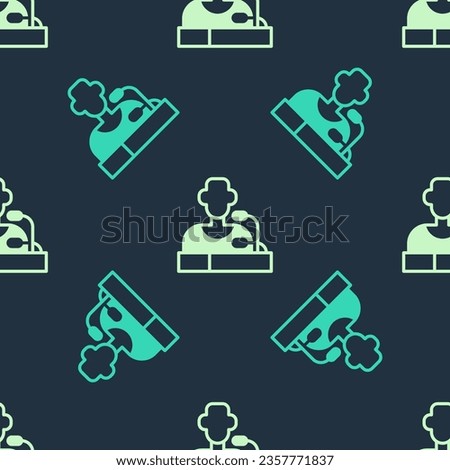 Green and beige Football player press conference icon isolated seamless pattern on blue background.  Vector