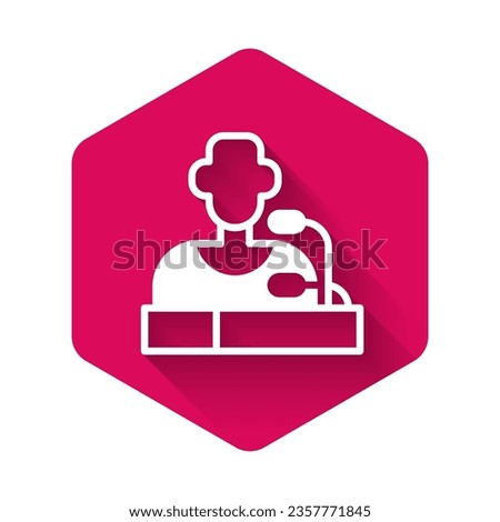 White Football player press conference icon isolated with long shadow background. Pink hexagon button. Vector