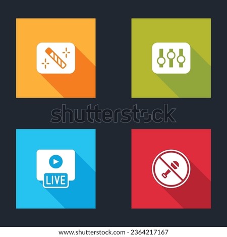 Set Photo retouching, Sound mixer controller, Live stream and Mute microphone icon. Vector