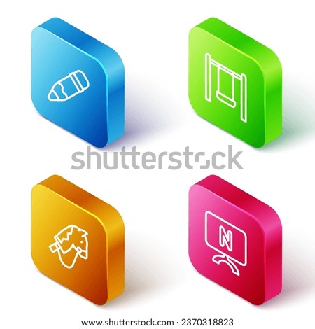 Set Isometric line Pencil with eraser, Swing, Toy horse and Smart Tv icon. Vector