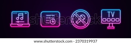 Set line Laptop with music, Add playlist, Mute microphone and Smart Tv. Glowing neon icon. Vector