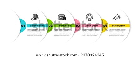Set line House insurance, Shopping building with shield, Lifebuoy and Hand holding fire. Business infographic template. Vector