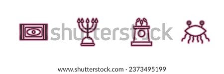 Set line Traditional carpet, Stage stand or tribune, Hanukkah menorah and Pastafarianism icon. Vector
