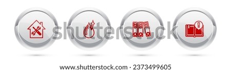 Set line House service, Clean water drop, Office folders and Interesting facts. Silver circle button. Vector