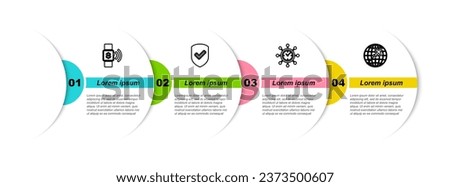 Set line Contactless payment, Shield with check mark, Clock and gear and Globe flying plane. Business infographic template. Vector