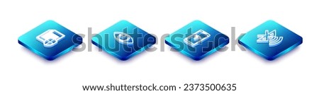 Set Isometric line Document protection, Eye, Smartphone with wireless and Bluetooth connected icon. Vector
