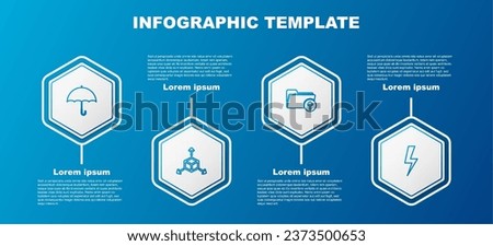 Set line Umbrella, Isometric cube, Download arrow with folder and Lightning bolt. Business infographic template. Vector