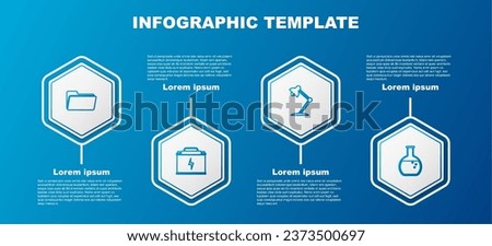 Set line Folder, Car battery, Table lamp and Test tube and flask. Business infographic template. Vector