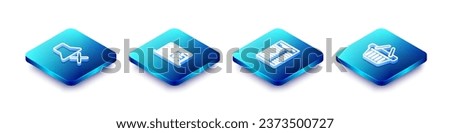 Set Isometric line Speaker mute, Medical clinical record, Paper financial check and Shopping basket icon. Vector