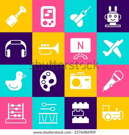 Set Toy train, Microphone, plane, Dart arrow, Trumpet, Headphones, Shovel toy and Smart Tv icon. Vector