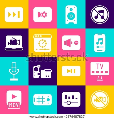 Set Prohibition no video recording, Smart Tv, Music player, Stereo speaker, Online, Fast forward and Speaker mute icon. Vector