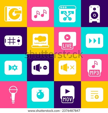 Set Add to playlist, MP3 file, Fast forward, Video recorder editor, Sound audio, Selfie on mobile, Vinyl player with vinyl disk and Live stream icon. Vector