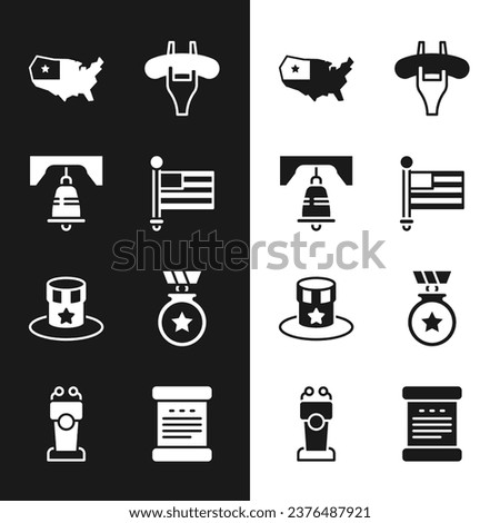 Set American flag, Liberty bell in Philadelphia, USA map, Sausage on the fork, Patriotic top hat, Medal with star, Declaration of independence and Stage stand tribune icon. Vector