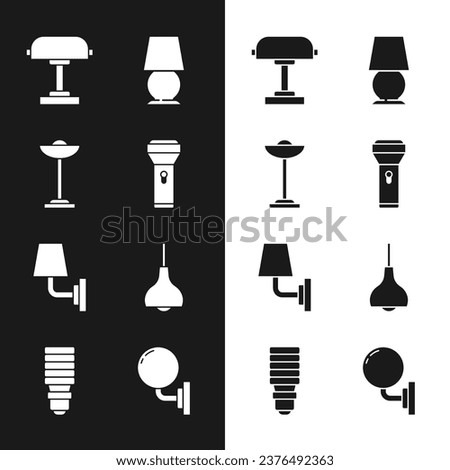 Set Flashlight, Floor lamp, Table, Wall sconce, Lamp hanging,  and LED bulb icon. Vector