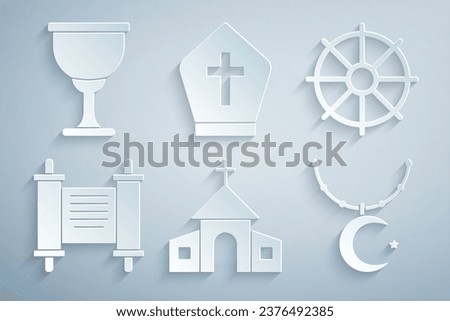 Set Church building, Dharma wheel, Decree, paper, parchment, scroll, Star and crescent on chain, Pope hat and Holy grail or chalice icon. Vector