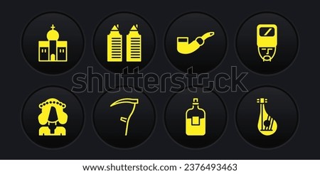 Set Ukrainian woman, cossack, Scythe, Bottle of vodka, Smoking pipe, Two towers Dnipro, Bandura and Church building icon. Vector