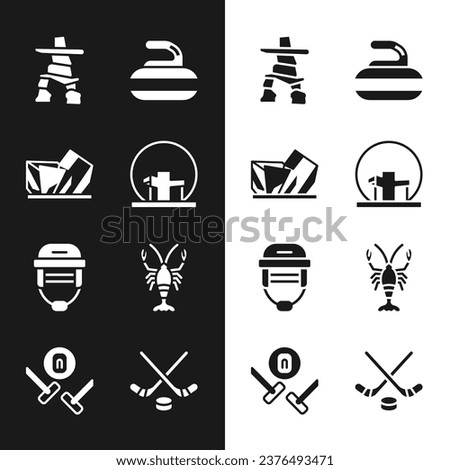 Set Montreal Biosphere, Royal Ontario museum, Inukshuk, Stone for curling, Hockey helmet, Lobster, Ice hockey sticks and puck and Curling sport game icon. Vector