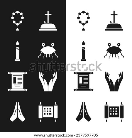 Set Pastafarianism, Burning candle, Rosary beads religion, Tombstone with cross, Decree, paper, parchment, scroll, Hands praying position,  and  icon. Vector