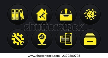 Set Wrench and gear, Bacteria, Location service, Smartphone book, Upload inbox, House, Drawer with documents and Office folders icon. Vector