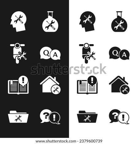 Set Question and Answer, Scooter service, Human head, Bioengineering, Interesting facts, House, Exclamation and Folder icon. Vector