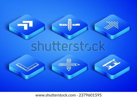 Set Gas filling station, Arrow, Crossed pencil, Folding ruler, and and Dots arrow icon. Vector