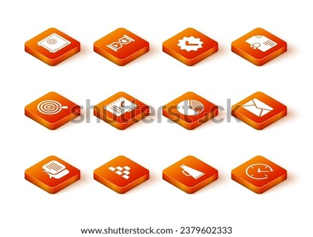 Set Chat, Gold bars, Target with arrow, Phone book, Megaphone and Pie chart infographic icon. Vector