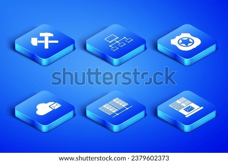 Set Mail server, Two crossed hammers, Server, Data, Web Hosting, Cloud mail, Computer network and Police badge icon. Vector