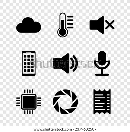 Set Cloud, Thermometer, Speaker mute, Processor with CPU, Camera shutter and Paper financial check icon. Vector