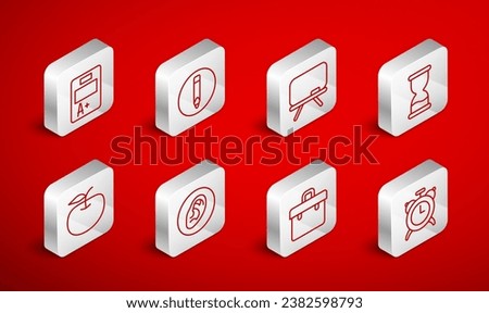 Set line Alarm clock, Pencil, Chalkboard, Old hourglass, Briefcase, Exam sheet with plus grade, Ear listen sound signal and Apple icon. Vector