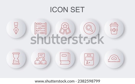 Set line Protractor grid, Old hourglass, Medal with star, Exam sheet A plus grade, Fountain pen nib, Abacus, Two sitting men talking and Book icon. Vector