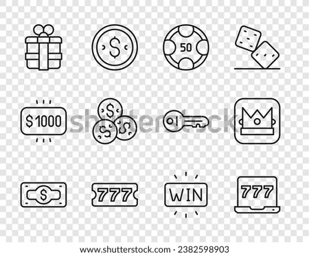 Set line Stacks paper money cash, Laptop and slot machine, Casino chips, Lottery ticket, Gift box, with dollar, win and King playing card icon. Vector