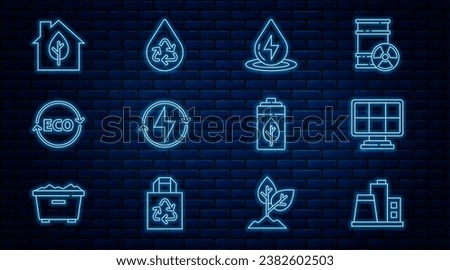 Set line Factory, Solar energy panel, Water, Lightning bolt, Label for eco healthy food, Eco friendly house, nature leaf and battery and Recycle clean aqua icon. Vector