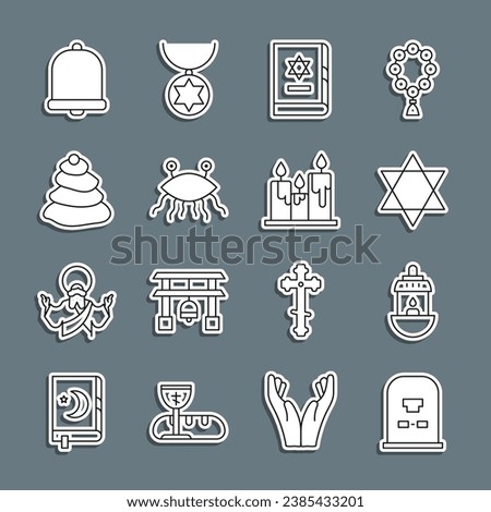 Set line Tombstone with RIP written, Ramadan Kareem lantern, Star of David, Jewish torah book, Pastafarianism, Stack hot stones, Church bell and Burning candles icon. Vector