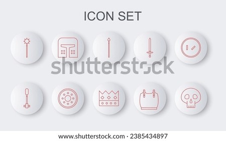 Set line Skull, Torch flame, Medieval spear, Body armor, chained mace ball, iron helmet, Round wooden shield and King crown icon. Vector