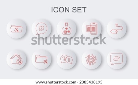 Set line Hashtag speech bubble, House service, Test tube with virus, Bacteria, Folder,  and Question and Exclamation icon. Vector