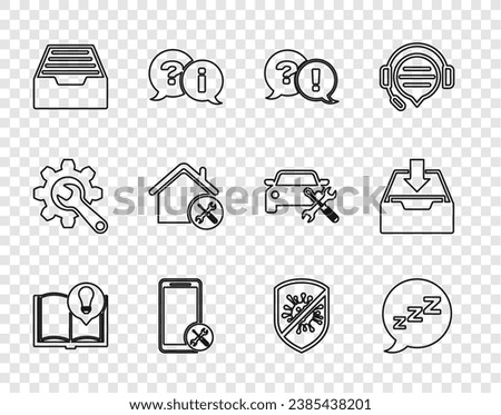 Set line Interesting facts, Speech bubble with snoring, Question and Exclamation, Mobile service, Drawer documents, House, Stop virus, bacteria and Download inbox icon. Vector