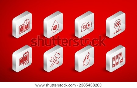 Set line Office folders, Dirty water drop, Question and Answer, Location service, Clean, Interesting facts, Crossed hammer wrench and Smartphone book icon. Vector