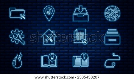Set line Route location, Drawer with documents, Download inbox, House service, Wrench and gear, Folder, File and Location icon. Vector