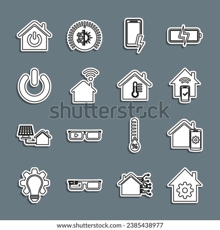 Set line Smart home settings, remote control system, Mobile charging battery, with wi-fi, Power button,  and House temperature icon. Vector