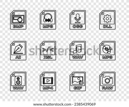 Set line WAV file document, RAW, OGG, MP4, BMP, XSL, GIF and MP3 icon. Vector