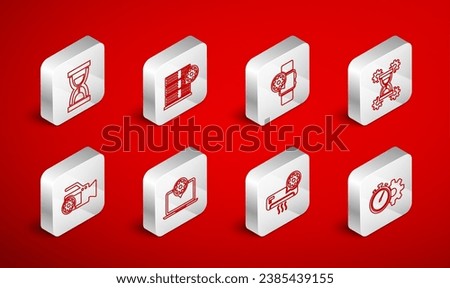 Set line Time management setting, Server, Smartwatch, Hourglass, Air conditioner, Old hourglass with sand, Laptop and Video camera icon. Vector