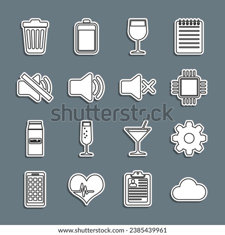 Set line Cloud, Cogwheel gear settings, Processor with CPU, Wine glass, Speaker volume, mute, Trash can and  icon. Vector