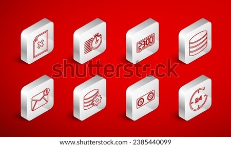 Set line Clock 24 hours, Stopwatch, Digital alarm clock, Database, Stereo speaker, Delete file document, Setting database server and New, email incoming message icon. Vector