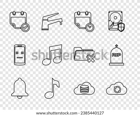 Set line Ringing bell, Cloud sync refresh, Calendar and clock, Music note, tone, with check mark, database and Tombstone RIP written icon. Vector