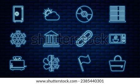Set line Handbag, Microwave oven, CD or DVD disk, Bank building, Snowflake, Safe, Chain link and Sun cloud weather icon. Vector