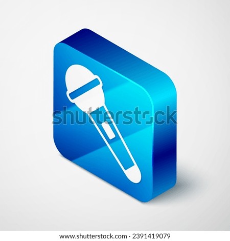Isometric Microphone icon isolated on grey background. On air radio mic microphone. Speaker sign. Blue square button. Vector